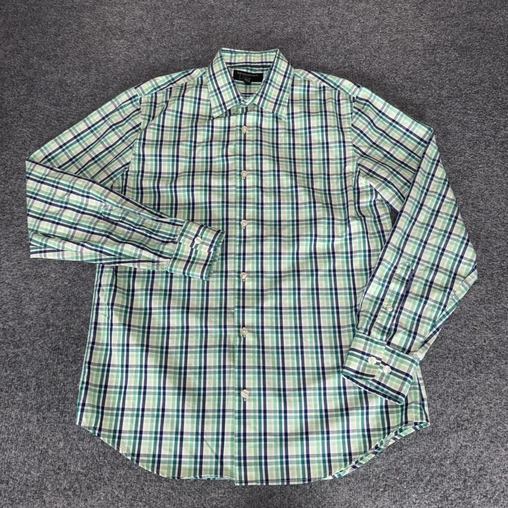Banana Republic Mens Slim Fit Non Iron Plaid Shirt Green Blue M 15-15.5 33-34